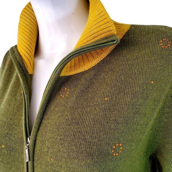 Full Zip Knit Cardigan Debra Lola Color Block Mock Neck Green Yellow Womens 10 - Picture 3 of 10